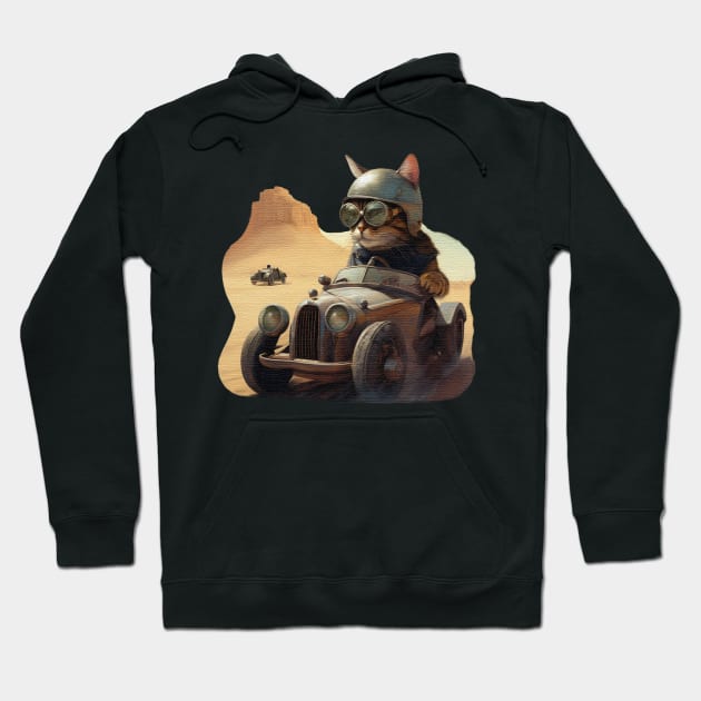 a cat racing a car across the desert Hoodie by JnS Merch Store